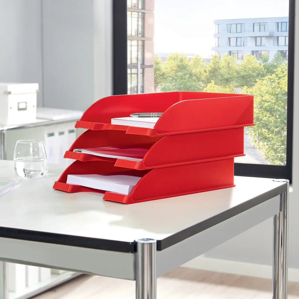 Corbeilles WOW rouge A4 - Lot de 5, plastique empilable, rangement bureau - 2