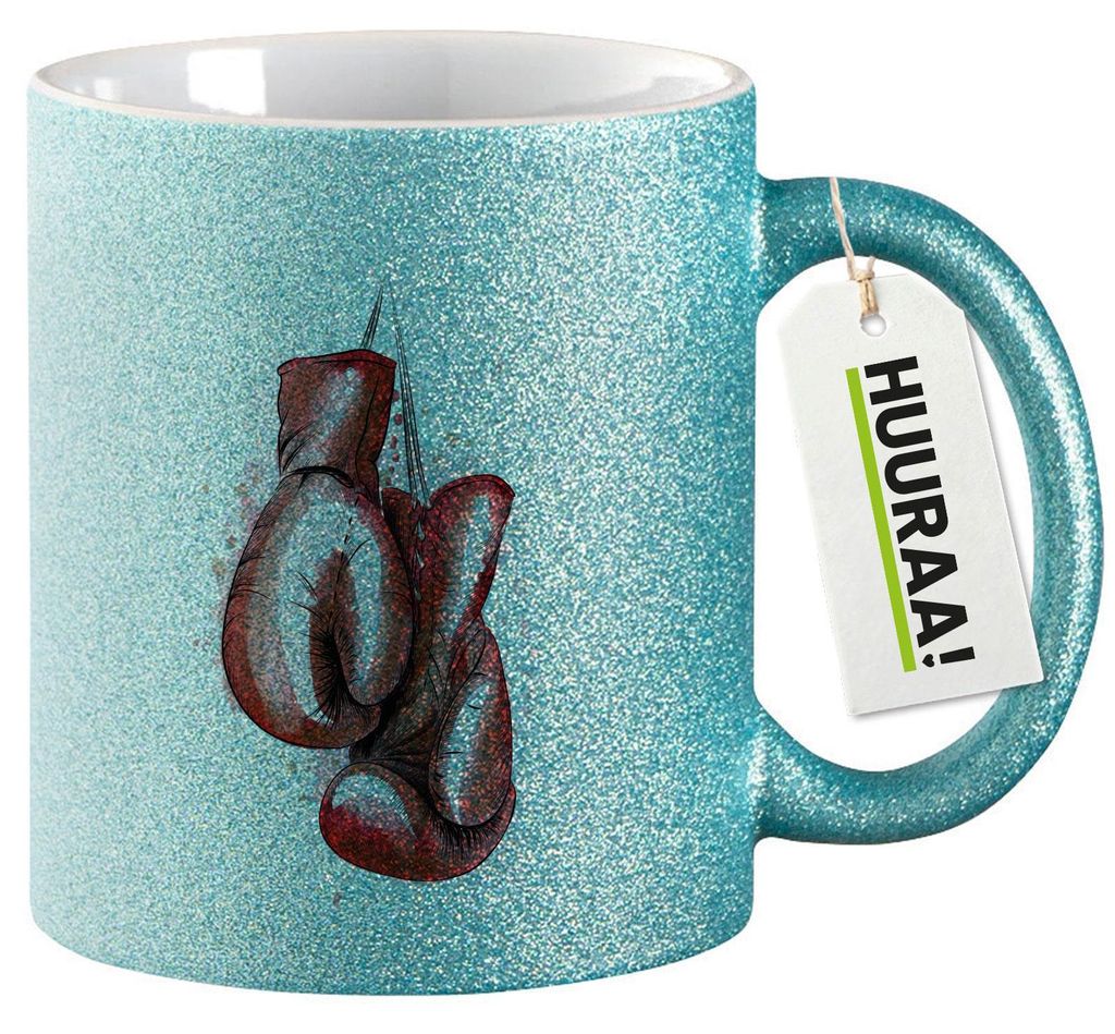 Huuraa Glitzertasse Boxhandschuh Comic 330ml Blau Keramik Kaffeebecher Geschenkidee