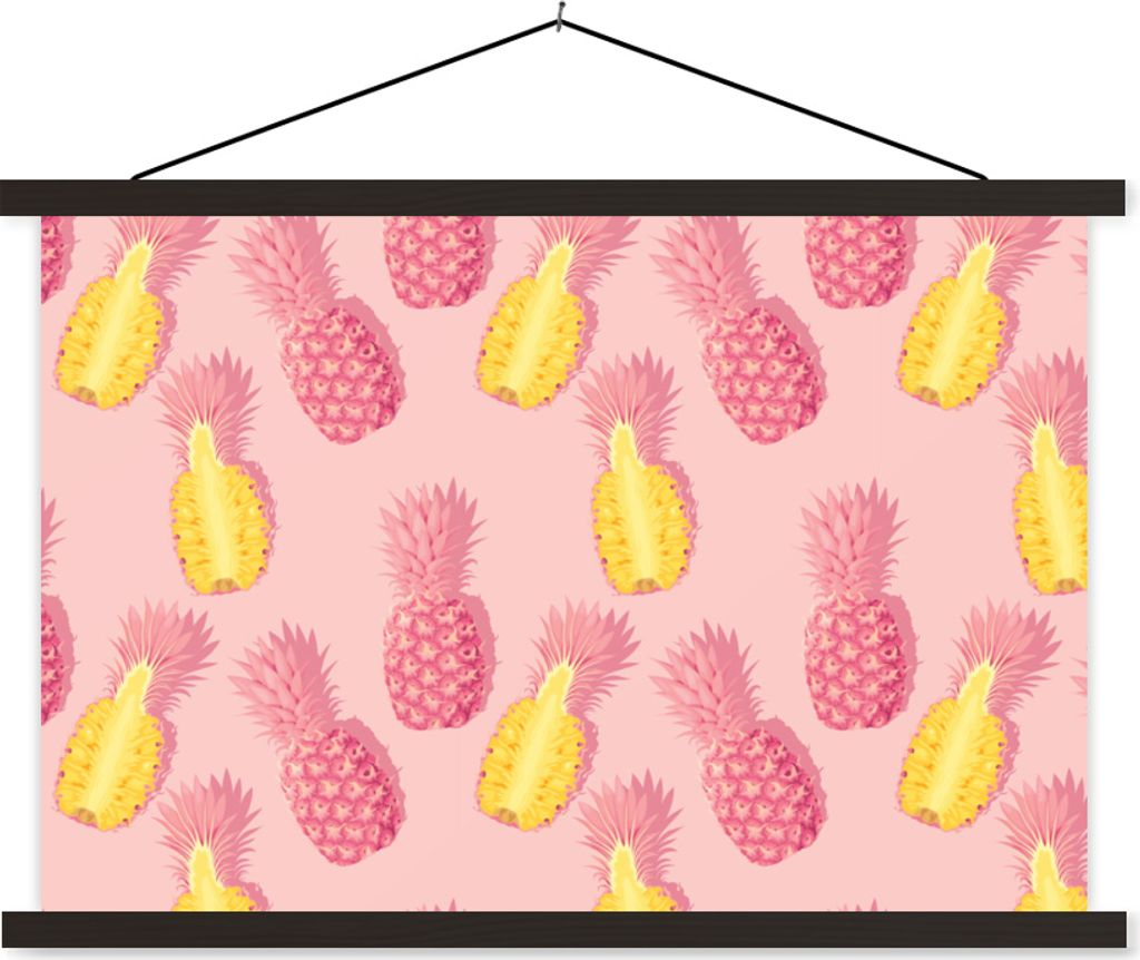 MuchoWow Textilposter Sommer - Ananas - Gelb - Rosa 60x40 cm mit schwarzem Rahmen - Hölzernes