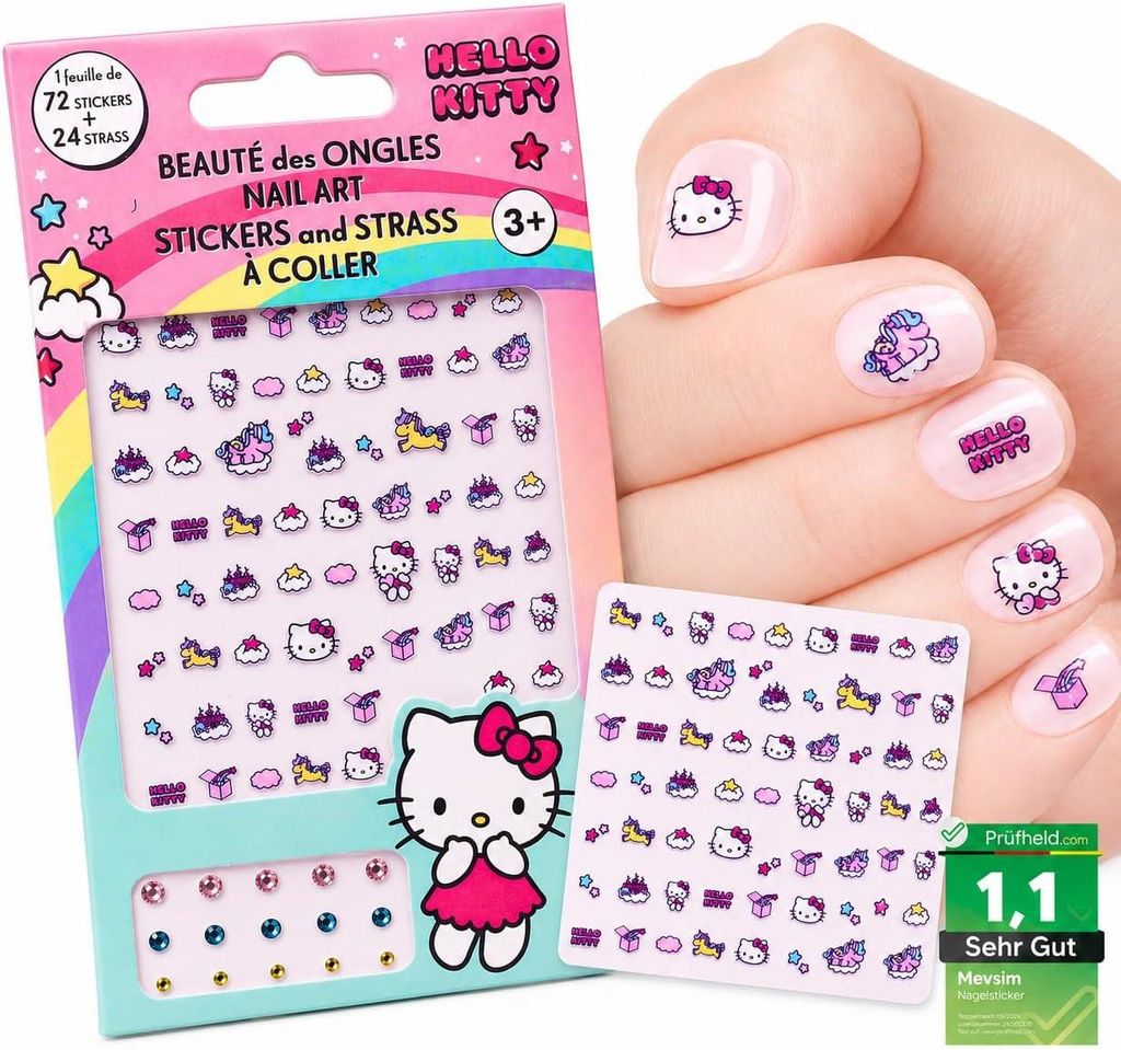 Hello Kitty Nagelsticker Set – 72 Sticker + 24 Steinchen – Produktbild 