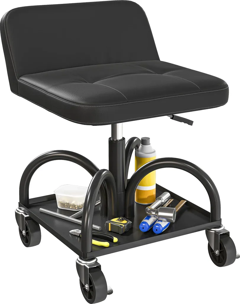 HOMCOM Sgabello da Officina con Rotelle e Supporto Lombare - Nero 135kg
