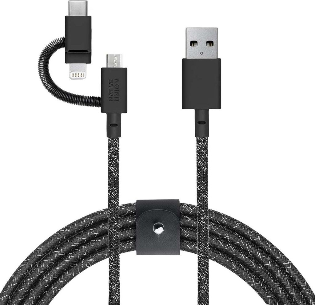 Native Union, Eco Belt 3in1 USB-A auf Micro USB, USB-C, Lightning-Kabel – 2 m Schwarz, Schwarz