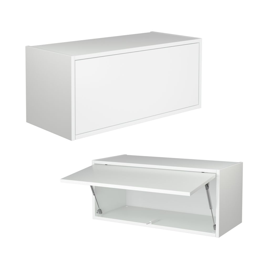 A white wall-mounted cabinet is shown in two states: closed and open.