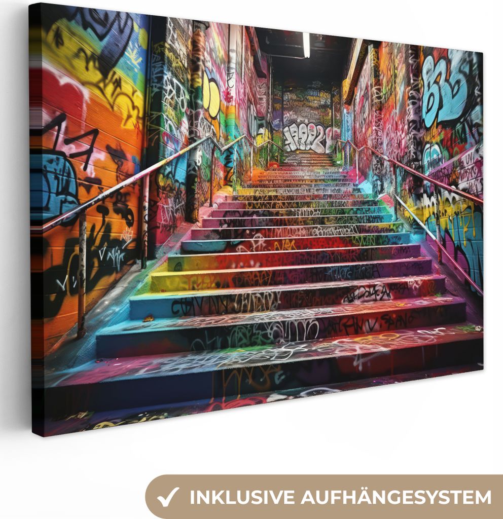 Leinwandbilder 60x40 cm - Graffiti - Treppe - Farben - Kunst, Bilder Wohnzimmer Modern, Wanddeko