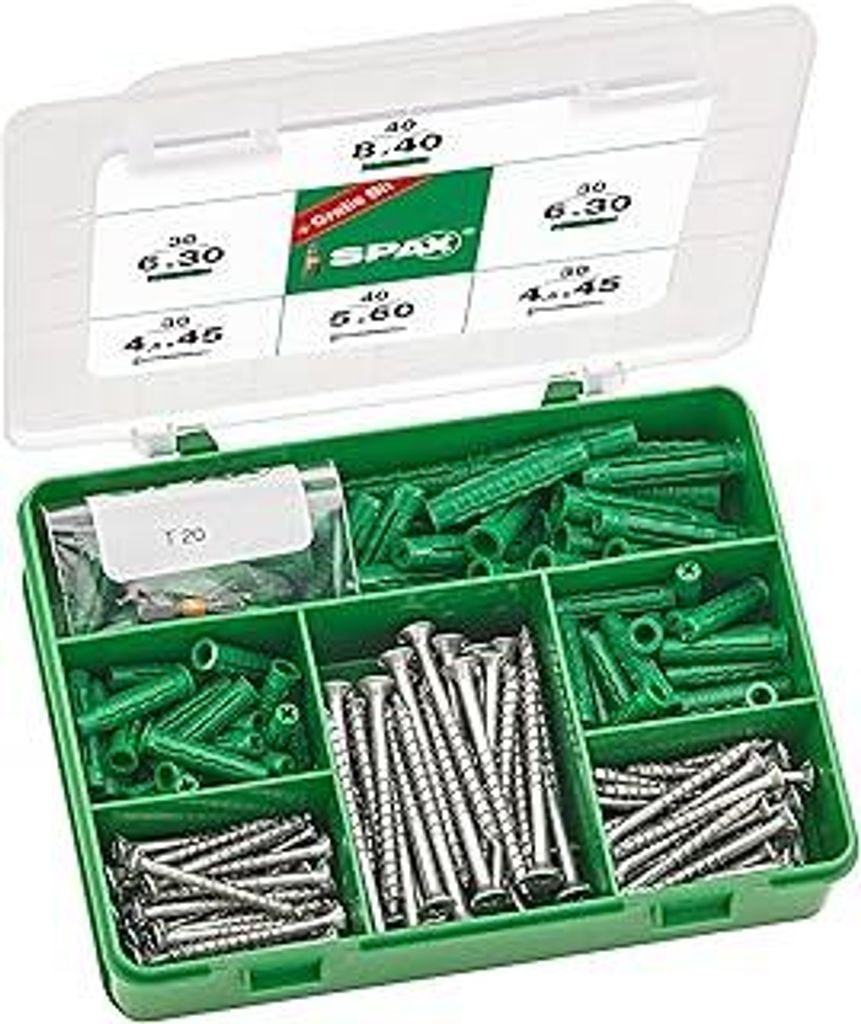 SPAX Sortimentsbox Dübel-Schrauben-Set 201 Teile für den Innenbereich in verschiedenen Abmessungen, Spreiz-Dübel Typ SD, Universalschraube, Teil...