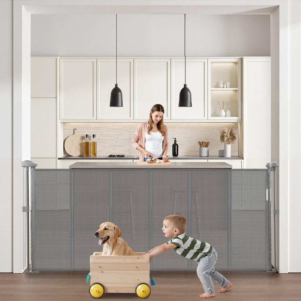 Babygitter Ausziehbar 87cm - Einziehbares Schutzgitter für Haustiere - Graues Babytor