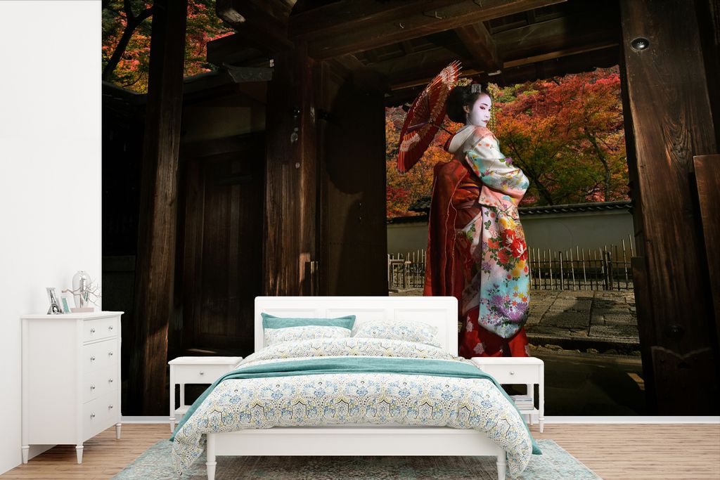 MuchoWow Fototapete für Wohnzimmer oder Schlafzimmer Wandtapete Vinyl Motivtapete Geisha in Gion in Japan - 525x350 cm - Das Hintergrundbild