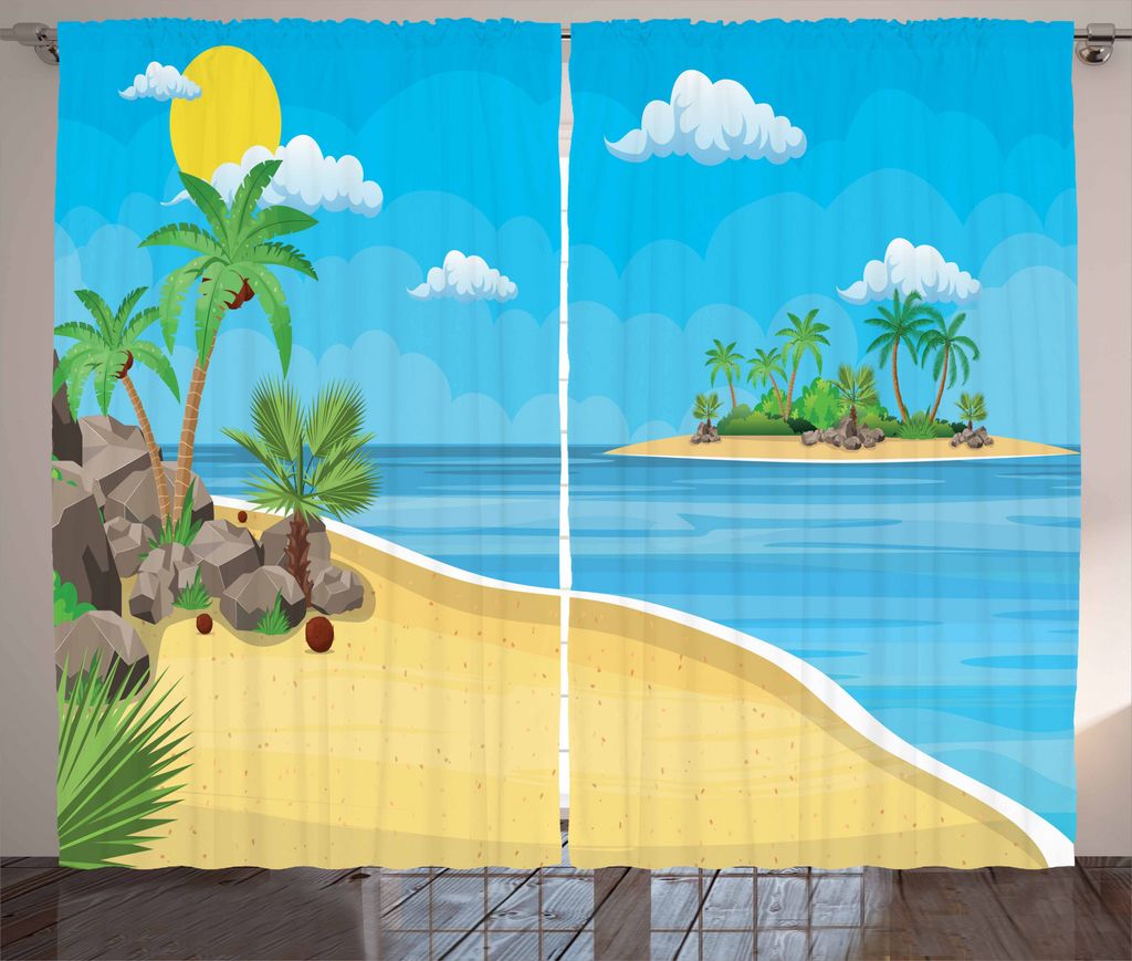 ABAKUHAUS Insel-Party Rustikaler Gardine, Palms Rock Sand Sun, Schlafzimmer Kräuselband Vorhang mit Schlaufen und Haken, 280 x 175 cm, Mehrfarbig