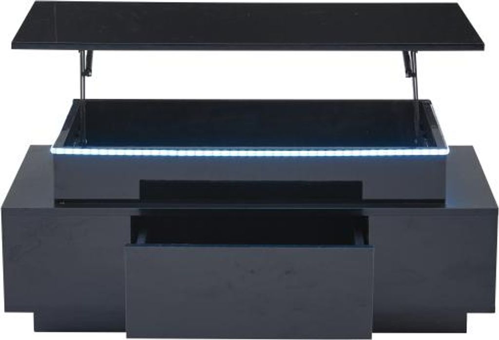 Couchtisch 96x45x40 cm Schwarz Hoehenverstellbar Mit Verstecktem Stauraum Schublade Hochglanz LED Wohnzimmertisch Fuer Buero Studium Party