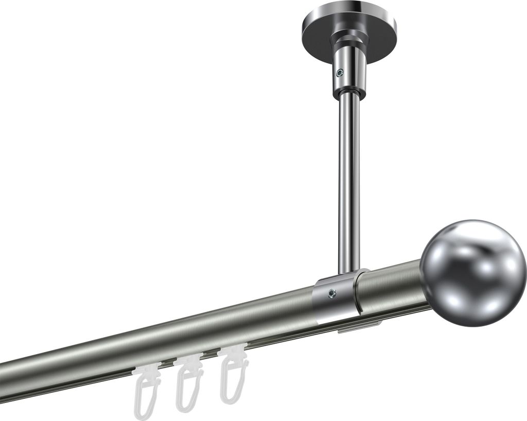 Interdeco Innenlaufstange / Gardinenstange mit Innenlauf Edelstahl-Optik / Chrom, Typ Sonette Luino (Kugel) Deckenmontage, 20 mm Ø 1-läufig, 440 cm