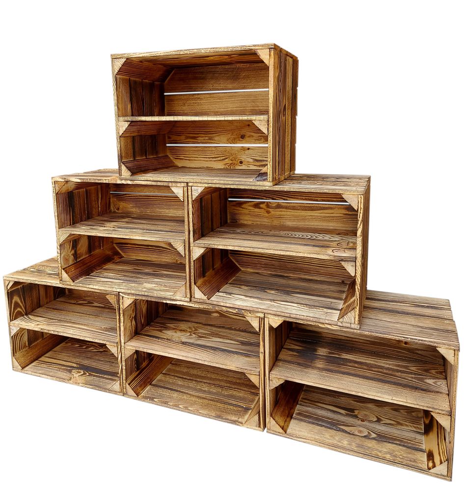 6er Vintage Holzkisten Geflammte mit Regalbrett - 40x30x24 Produktbild 