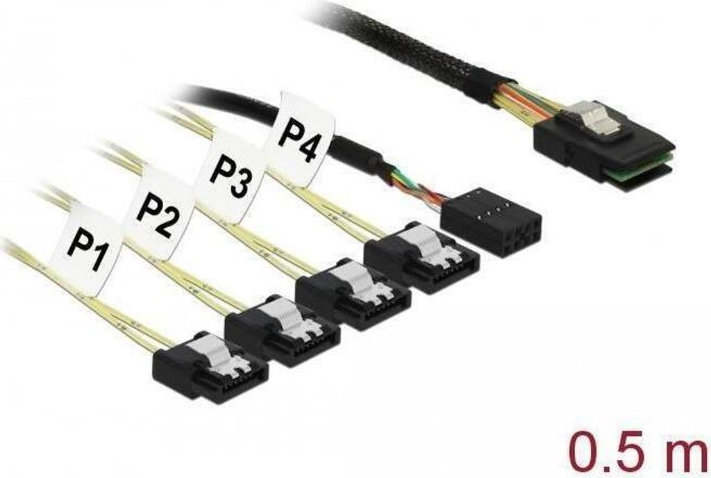 Delock Kabel Mini SAS SFF-8087 > 4 x SATA 7 Pin Reverse + Sideband 0,5 m (83318)