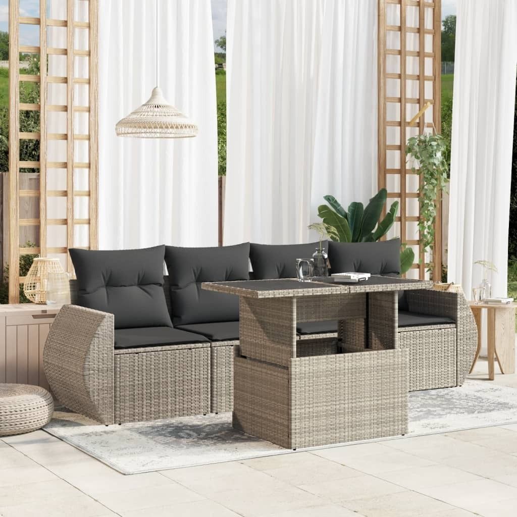 "Rabatt" 5-tlg. Garten-Sofagarnitur - mit sofa - mit Kissen Hellgrau Poly Rattan - Lounge-Dining set CC10474