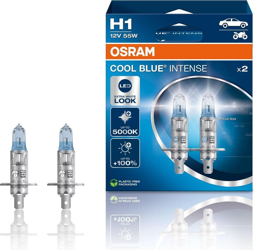 Product packaging for OSRAM H1 Cool Blue Intense headlight bulbs, with two bulbs shown.