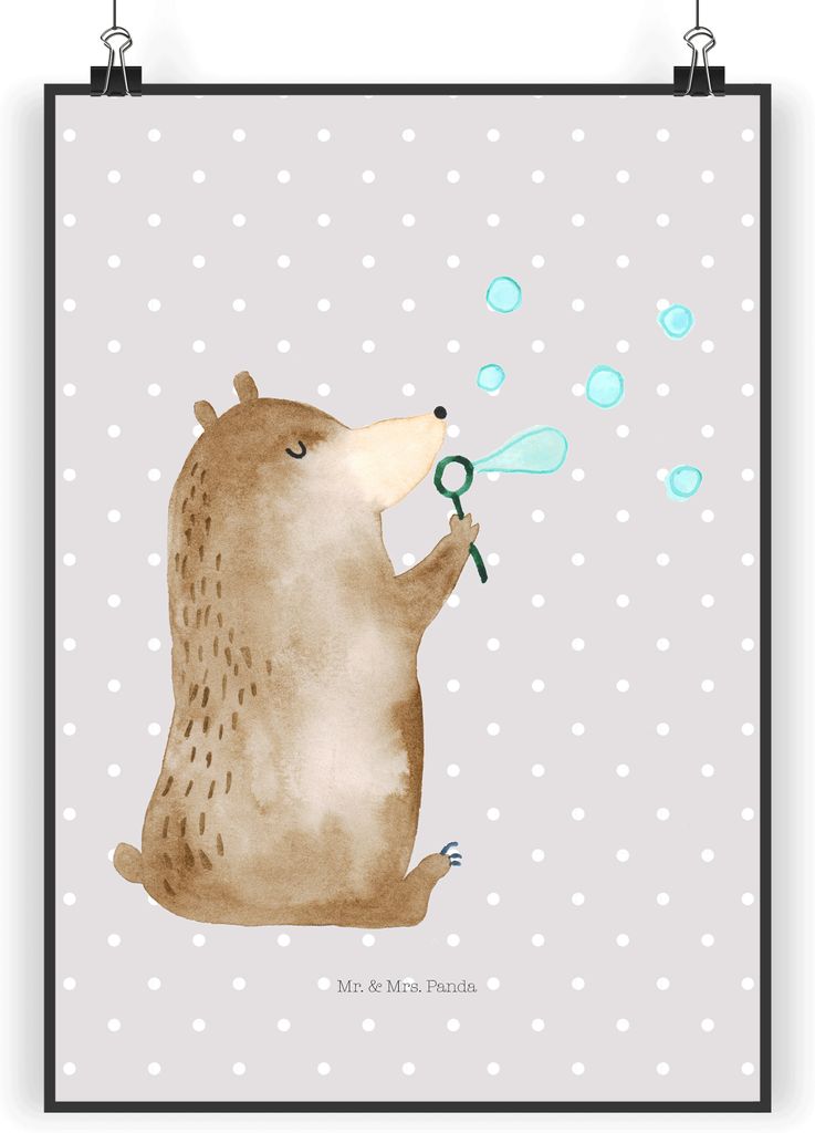 Mr. & Mrs. Panda Bild Bär Seifenblasen DIN A4 - Grau Pastell - Geschenk, Wandbild, Lustig Sein Glücklich Traurig Happy, kunstdruck poster, Teddy,...