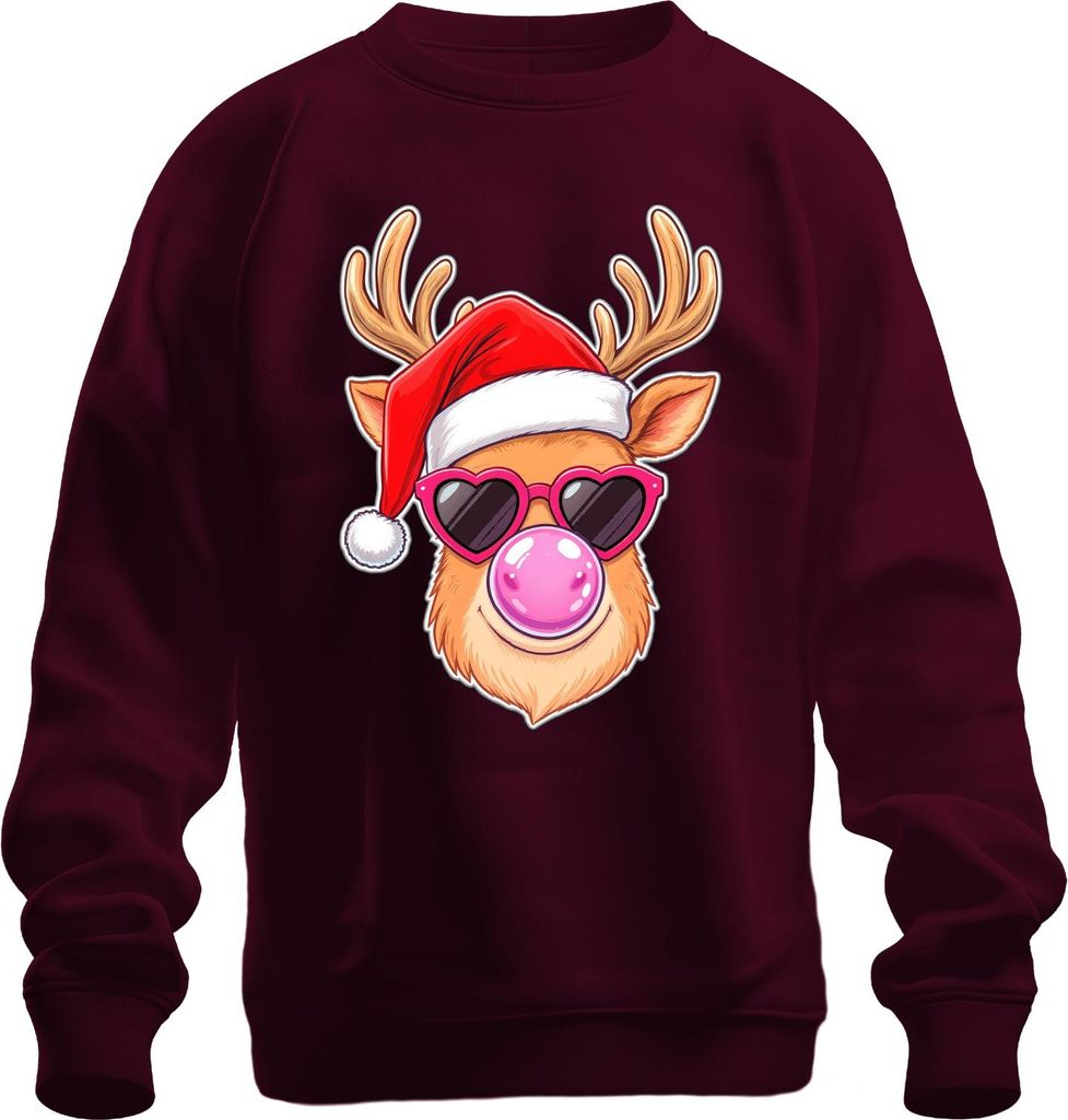Weihnachten Rentier Santa Mütze Herz Sonnenbrille Kaugummi Lustig Uni Sweatshirt Pullover, Burgundy, L