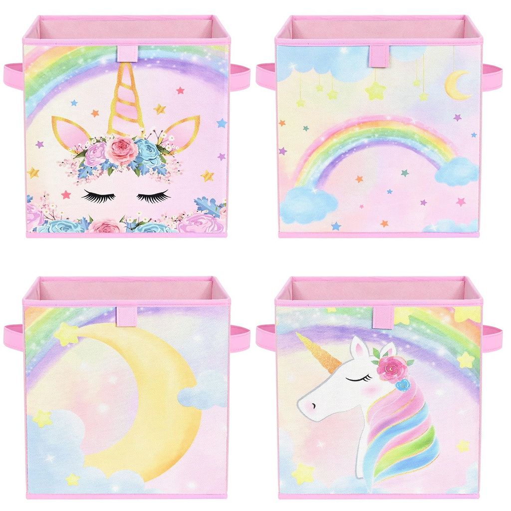 Aufbewahrungsbox für Kinder – Set mit 4 faltbaren Stoffboxen mit Einhornmotiv für Mädchen, 28 cm große, rosa Dekokörbe mit Griffen, für Kle...