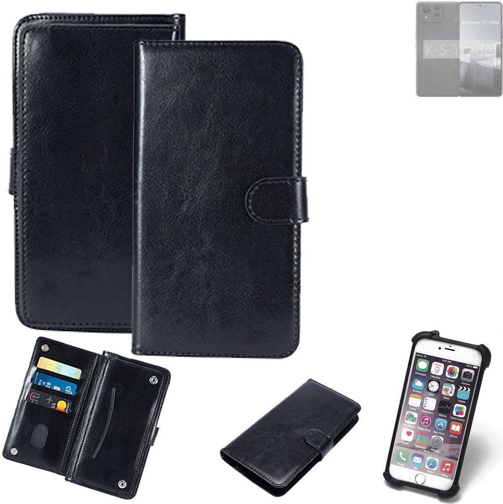 K-S-Trade 360° Hülle kompatibel mit Asus Zenfone 11 Ultra schwarz Kunstleder Case BookCase WalletCase Kunstlederederhülle Handyhülle, Rundumschutz