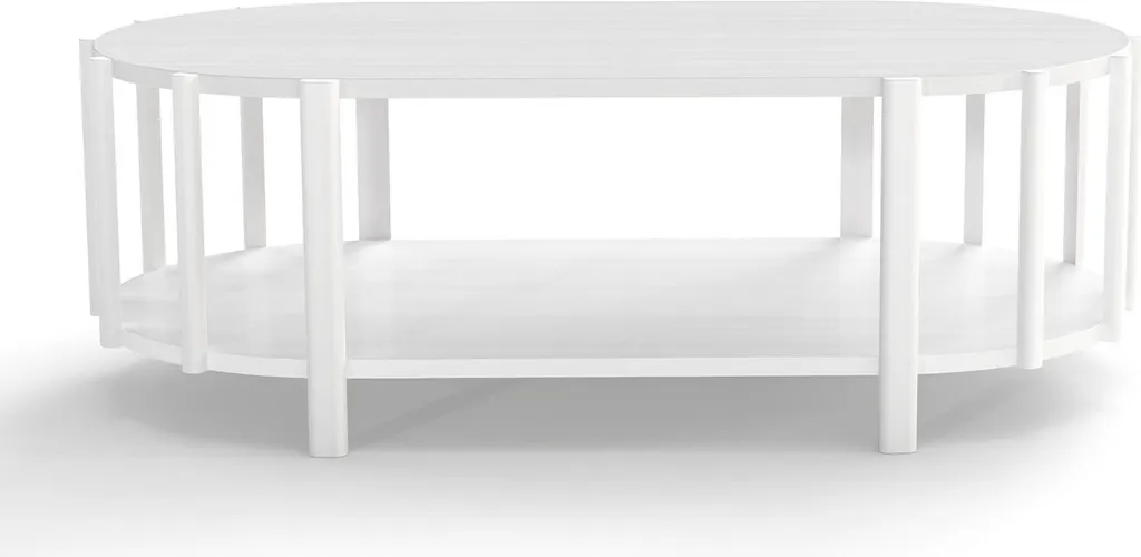 Table basse ovale avec rangement caché, MDF blanc, design moderne