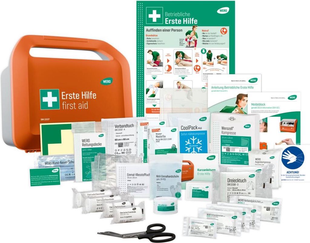 WERO Erste Hilfe Starter Kit - Erste Hilfe Koffer inkl. DIN 13157 + Grundausstattung an Anleitungen + Kennzeichnungen