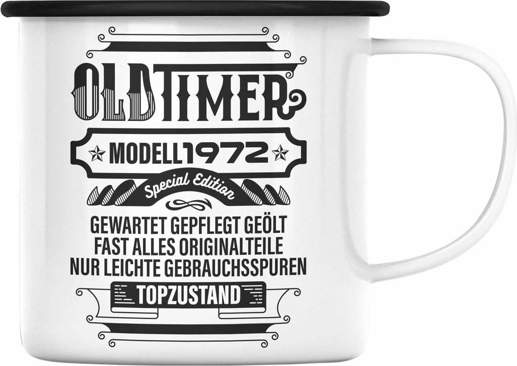 TRENDATION 50. Geburtstag Emaille Tasse Frau Mann Geschenk 50er Geschenkidee 50 Mutter Vater (Schwarz)