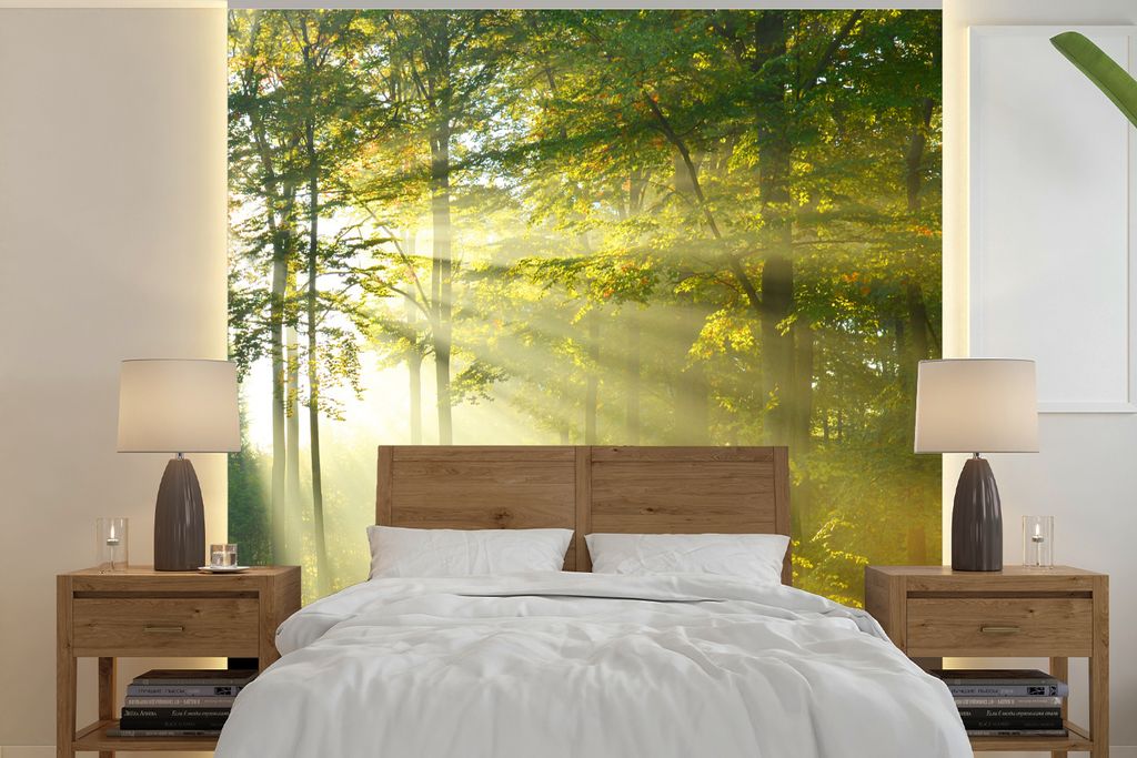MuchoWow Fototapete für Wohnzimmer oder Schlafzimmer Wandtapete Vinyl Motivtapete Wald - Licht - Frühling - 350x350 cm - Schlafzimmertapete
