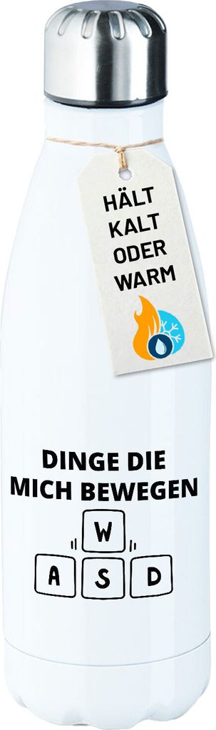 Huuraa Trinkflasche Dinge die mich bewegen Tastatur W A S D 500ml White Edelstahl Wasserflasche Trinkflasche Geschenkidee