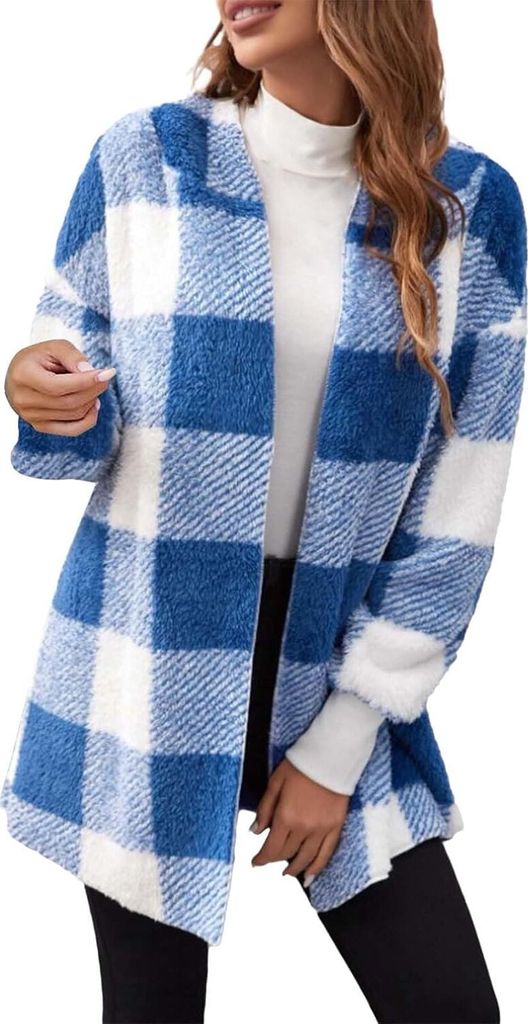 ASKSA Damen Teddyjacke Color Blocked Teddyfleece Jacke Fashion Casual Wintermantel Jacken,Blau,S