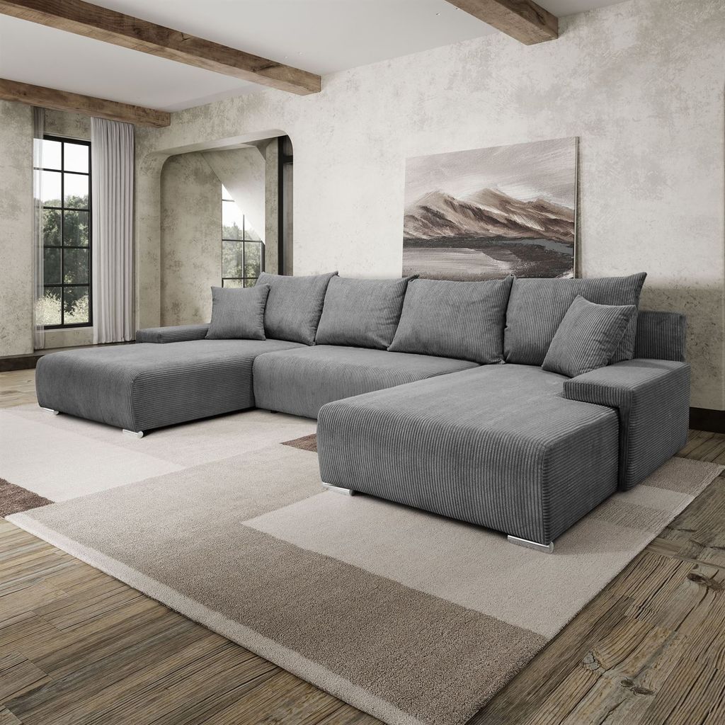 FurMeb24 ECKSOFA LAVANO U-form 348 x 188 cm HELLGRAU - mit schlaffunktion und bettkasten