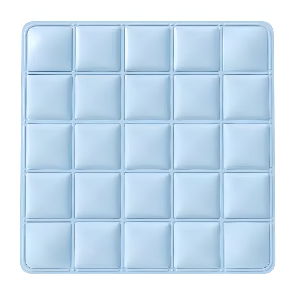 A light blue pet cooling mat with a grid of square indentations, presented on a white background.