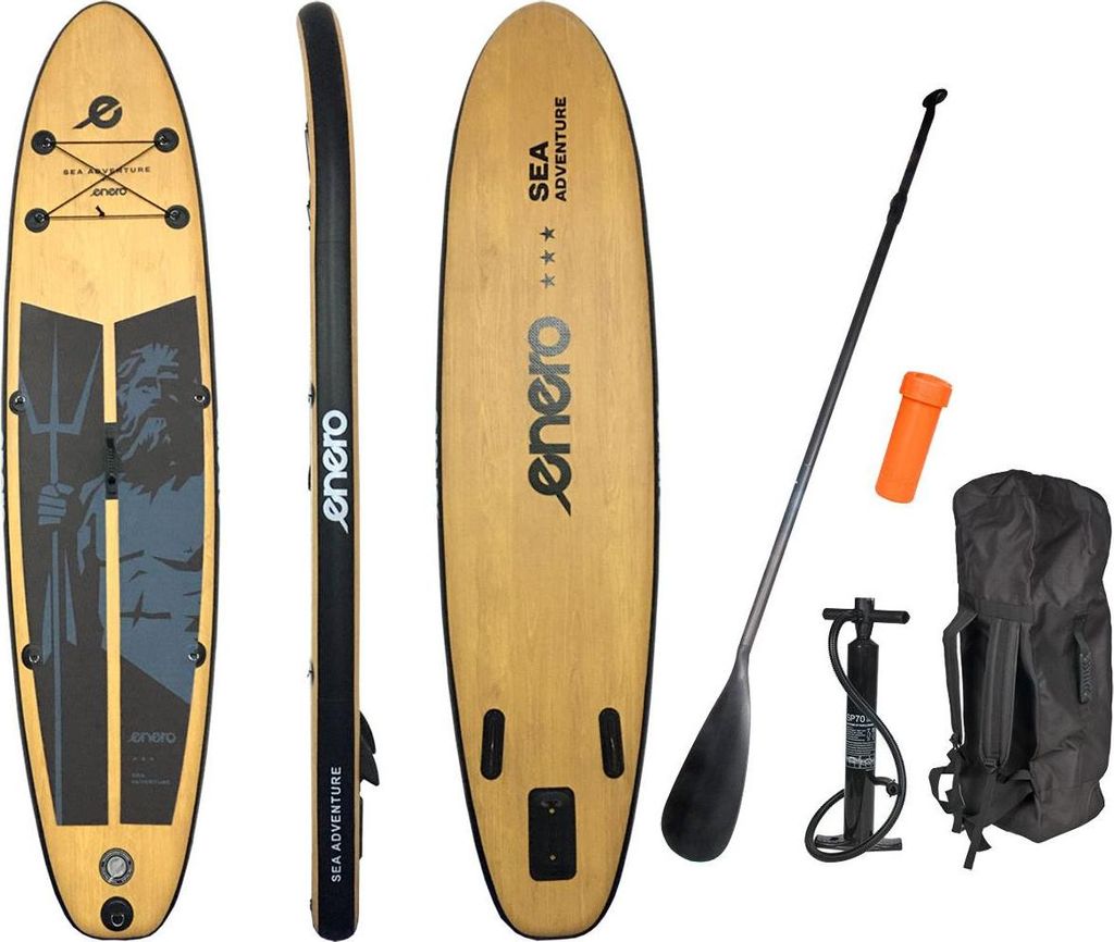 Aufblasbares SUP-Board ENERO NEPTUN WOODEN 320x76x15 cm – Set bis 145 kg – Stand Up Paddle im Holzdesign