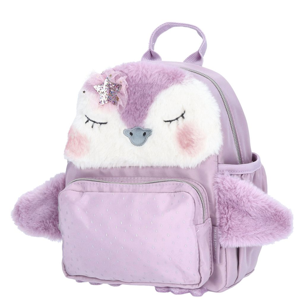 Depesche 13160 Princess Mimi Penguin - Kleine schoudertas in lila, met pinguïnmotief en pluche bont, tas met verstelbare schouderriem