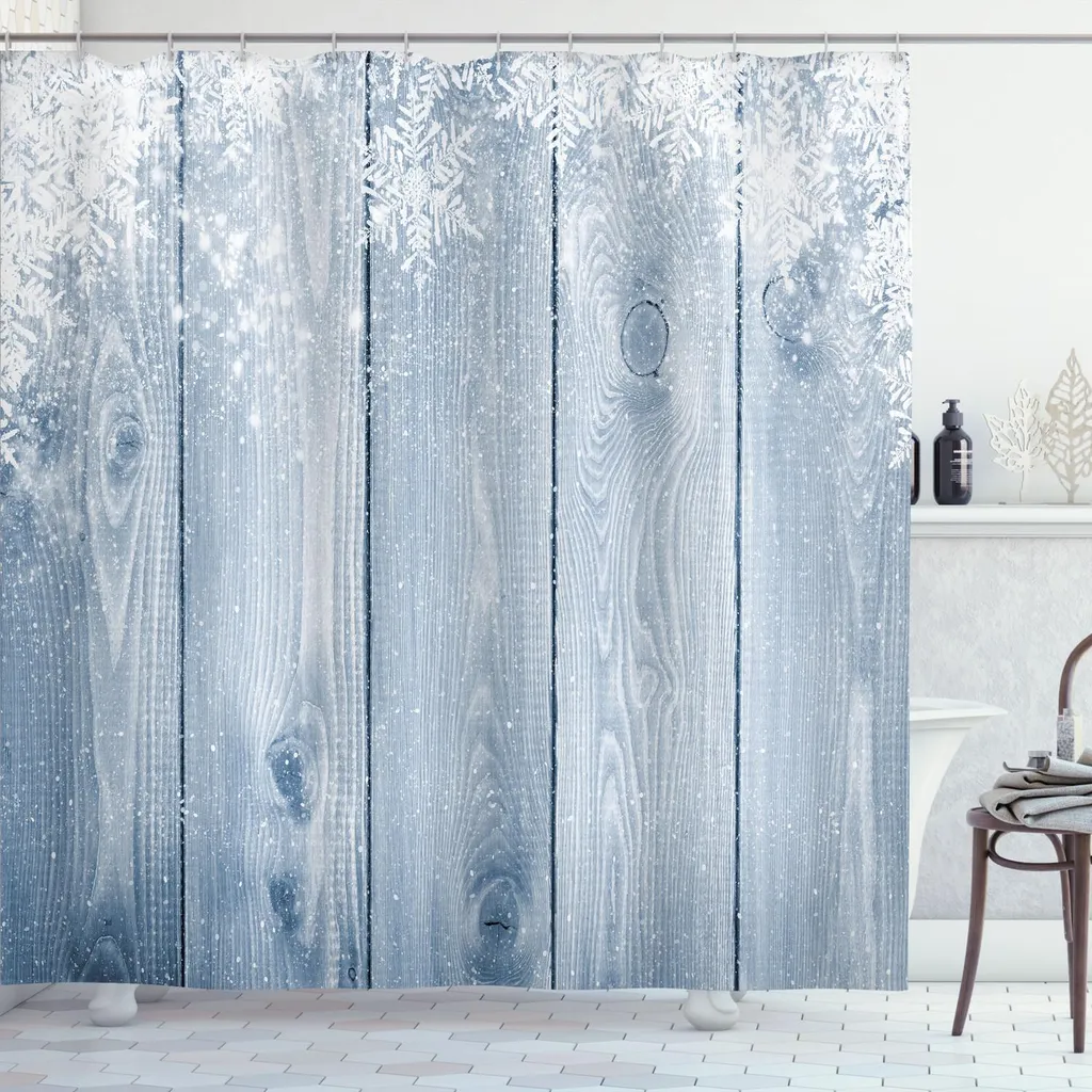 Grand rideau de douche textile imprimé rétro effet bois givré 175x240