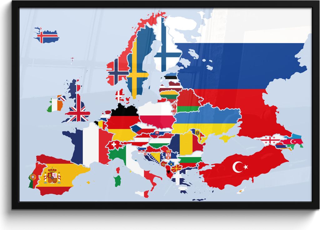 MuchoWow MuchoWow Gerahmtes Poster Karte - Europa - Flagge 90x60 cm - Poster mit zchwarzem Bilderrahmen - Fotorahmen - Foto-Plakat