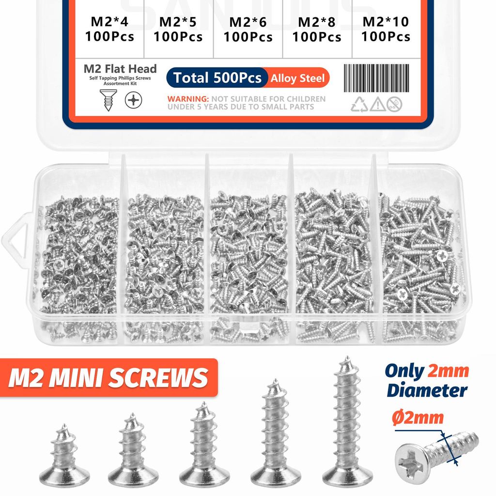 500x M2 Mini Schrauben Set | Flachkopf | Stahl | DIY