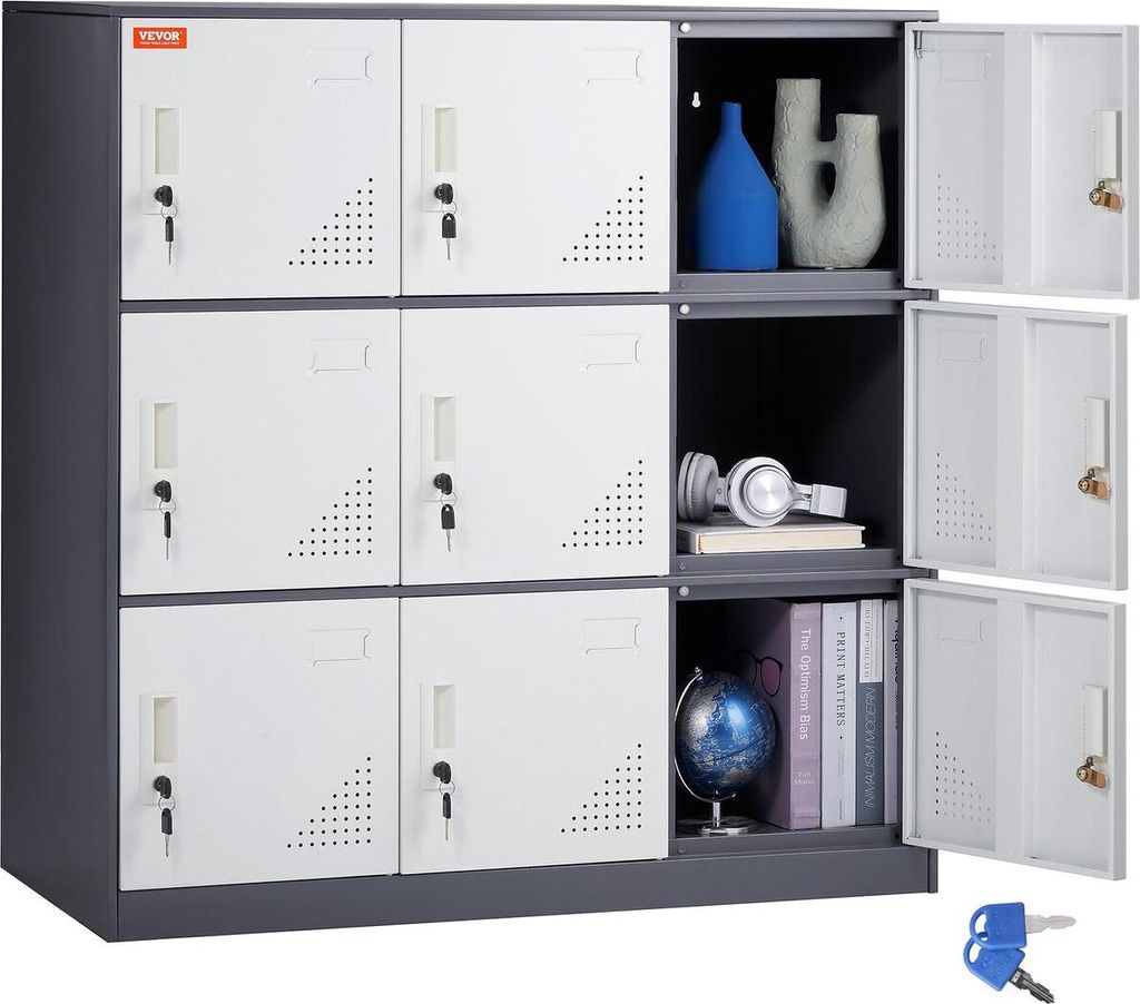 Metal Locker for Employees, 9 Doors Storage Cabinet with Card Slot, Gray Steel Employee Lockers with Keys, 66lbs Loading Capacity office Storage Lo...