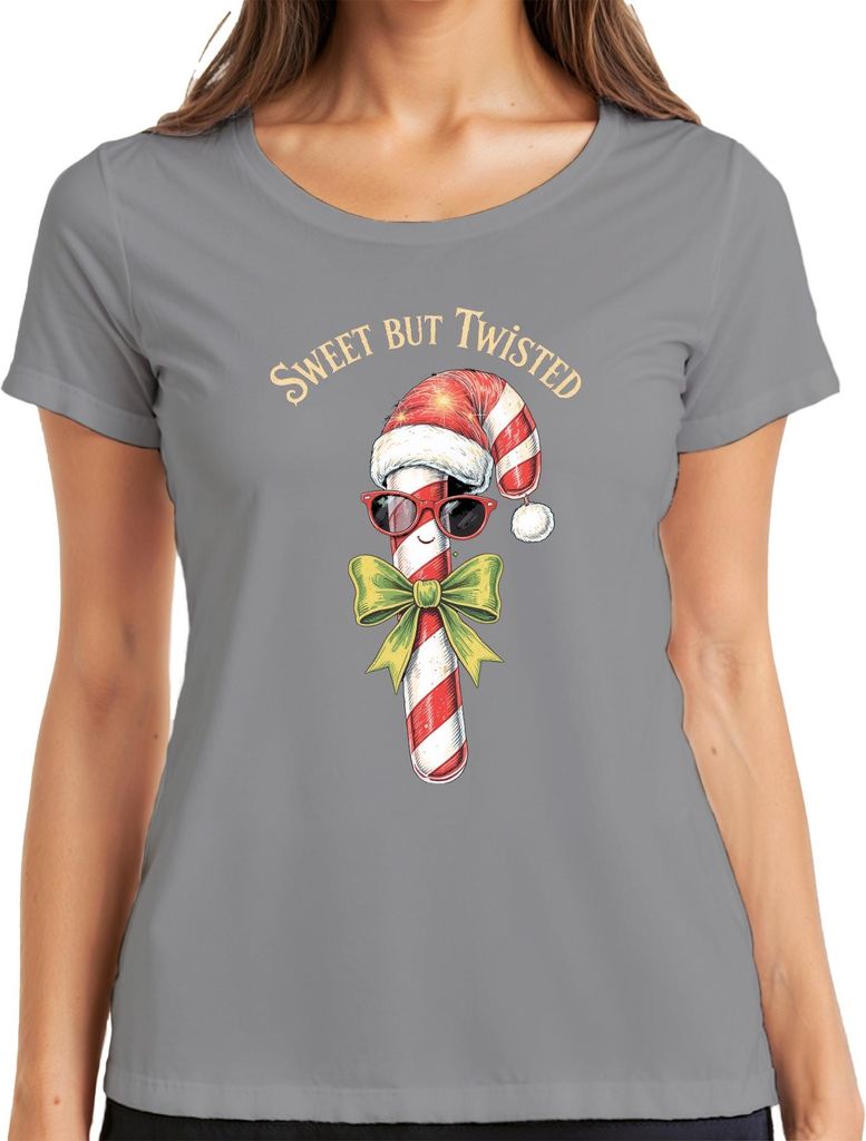 Sweet But Twisted Candy Cane Santa Hat Sunglasses Bow Weihnachten Damen T-Shirt, Grau, M