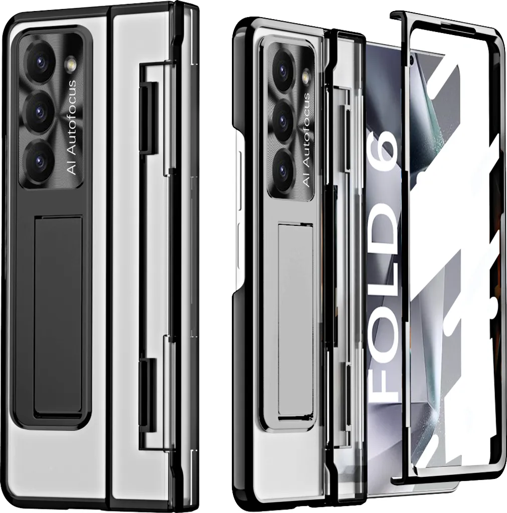 Custodia per Samsung Galaxy Z Fold 6, protezione del display e delle lenti, custodia trasparente zincata con supporto nero