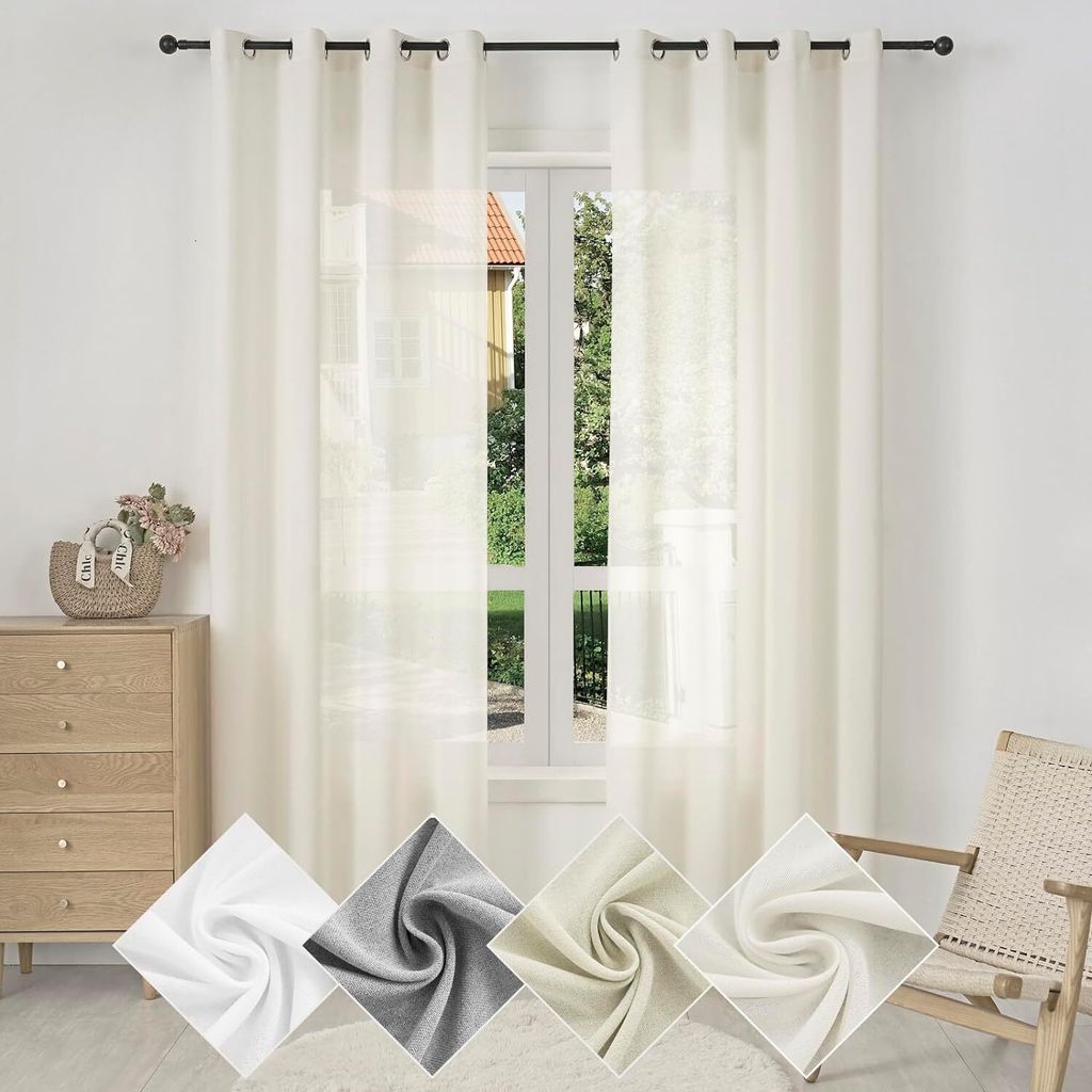 WOLTU Gardinen mit Ösen Leinenoptik Halbtransparent Voile Modern,135x245cm Creme