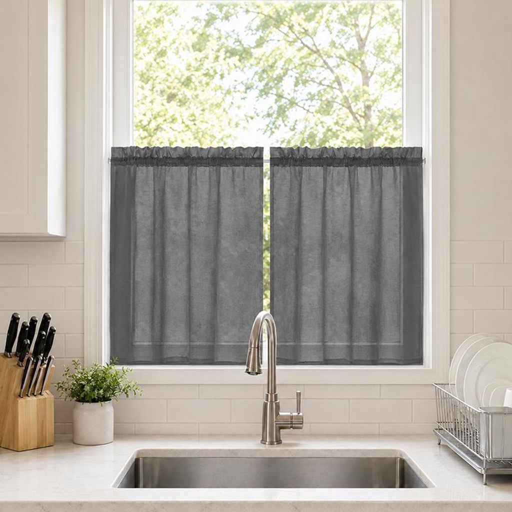 2er Set Scheibengardinen Leinenoptik Halbtransparent Bistrogadinen Kurz Gardinen Voile Küchengardine, B85xH76cm, Dunkelgrau
