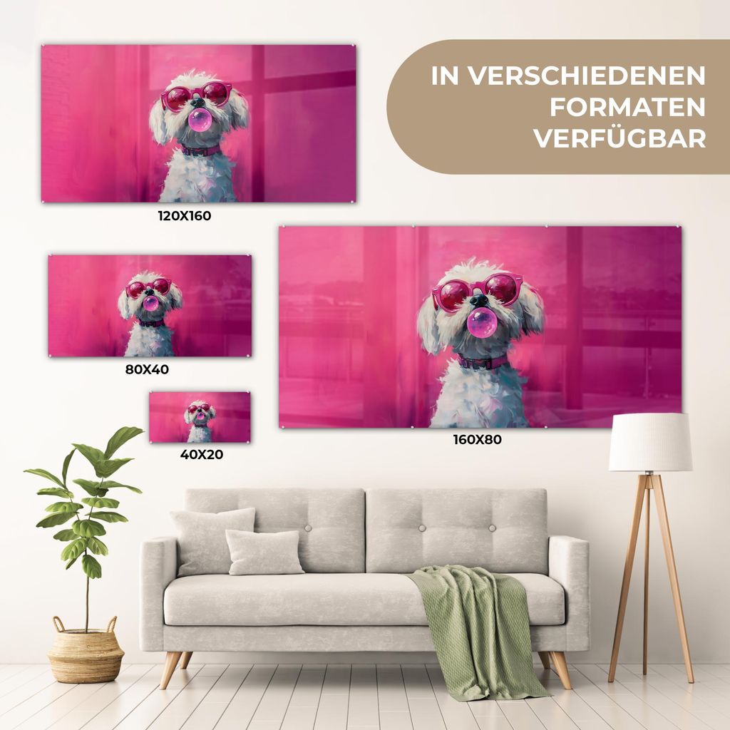 MuchoWow Glasbilder - Bilder auf Wandbild - Foto auf Glas Rosa - Hund - Blase 80x40 cm Wanddekoration aus Glas - Acrylglasbild - Acrylbilder - Wand...