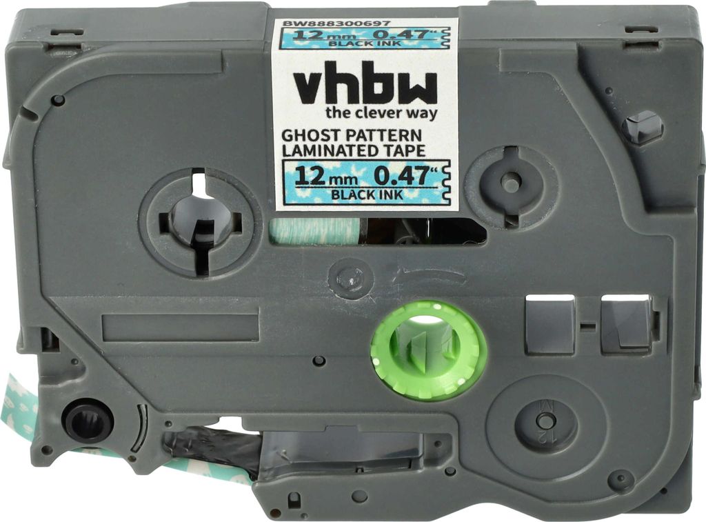 vhbw Schriftband-Kassette kompatibel mit Brother PT D600VP, E100B, E100 Etiketten-Drucker 8m x 12mm Schwarz auf Blau (Geistermuster), Laminiert