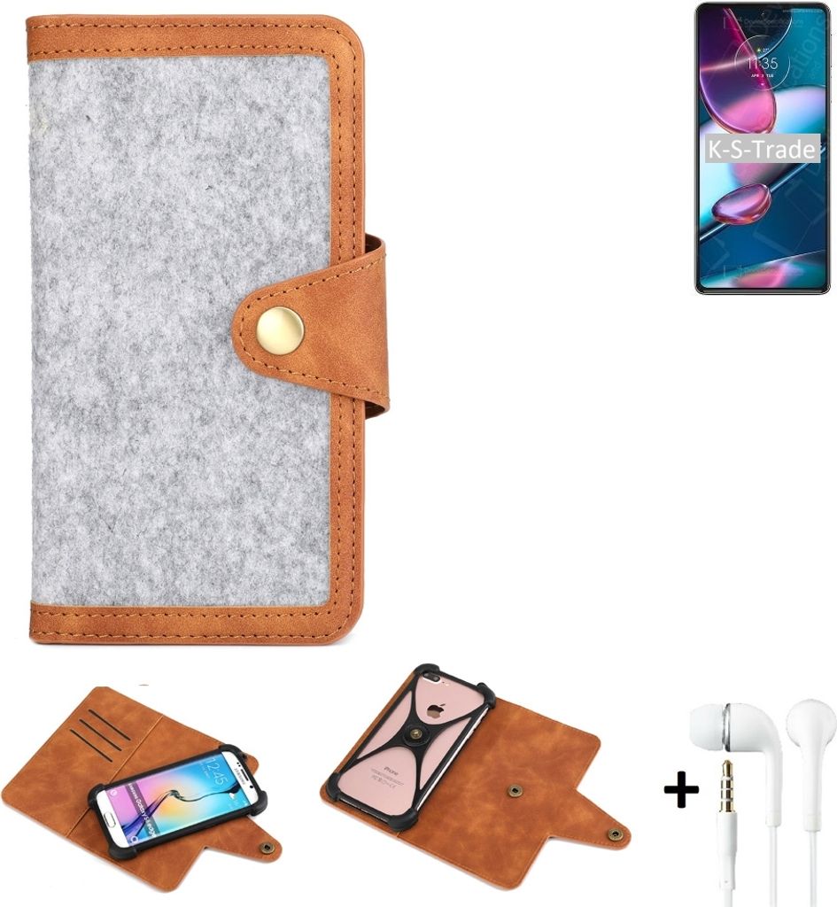 K-S-Trade Handyhülle + Kopfhörer kompatibel mit Motorola Edge 30 Pro Schutzhülle Filz Hülle Kunstleder hellgrau braun (1x)