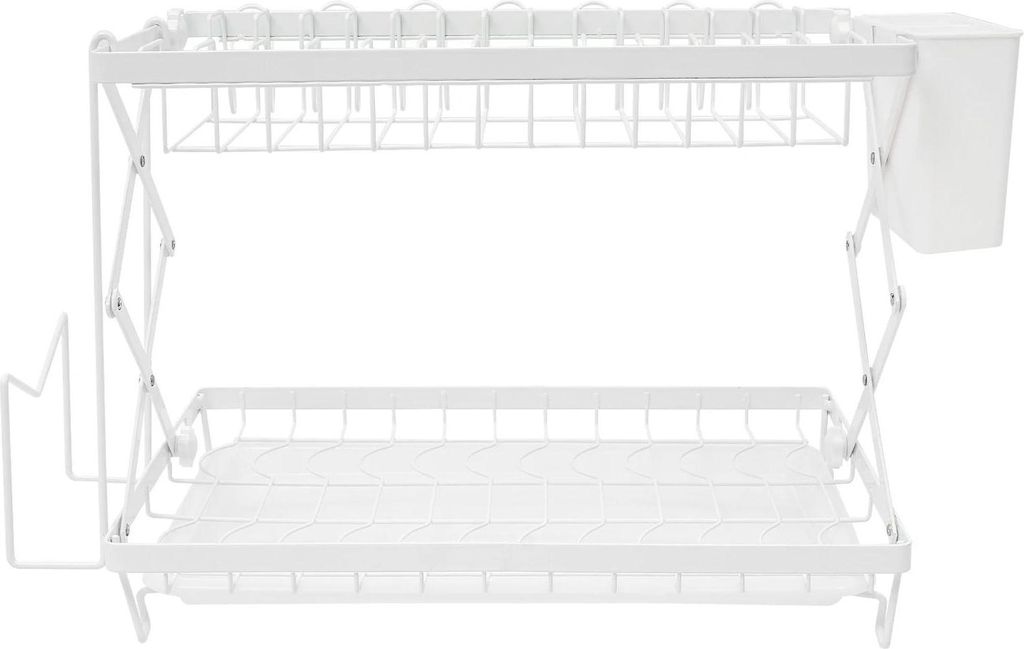 Geschirr Abtropfgestell - 2-stöckig - Rostbeständig - Faltbar - Rutschfeste Füße - 40×28×31,5 cm - PP + Kohlenstoffstahl - Weiß