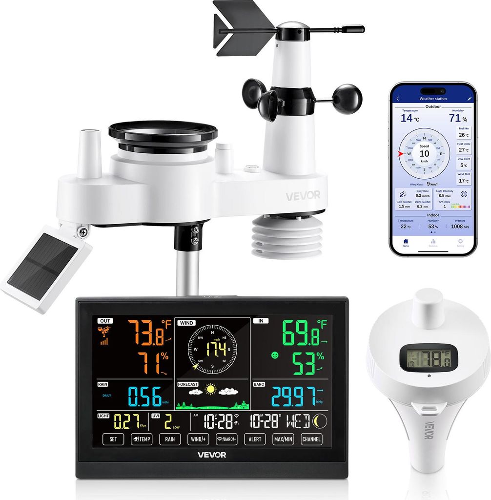 VEVOR 7-in-1 WLAN-Wetterstation mit APP, 7,5-Zoll-Display, solarbetriebener Außensensor, mit Poolthermometer, Regenmesser, Wettercenter für Wette...