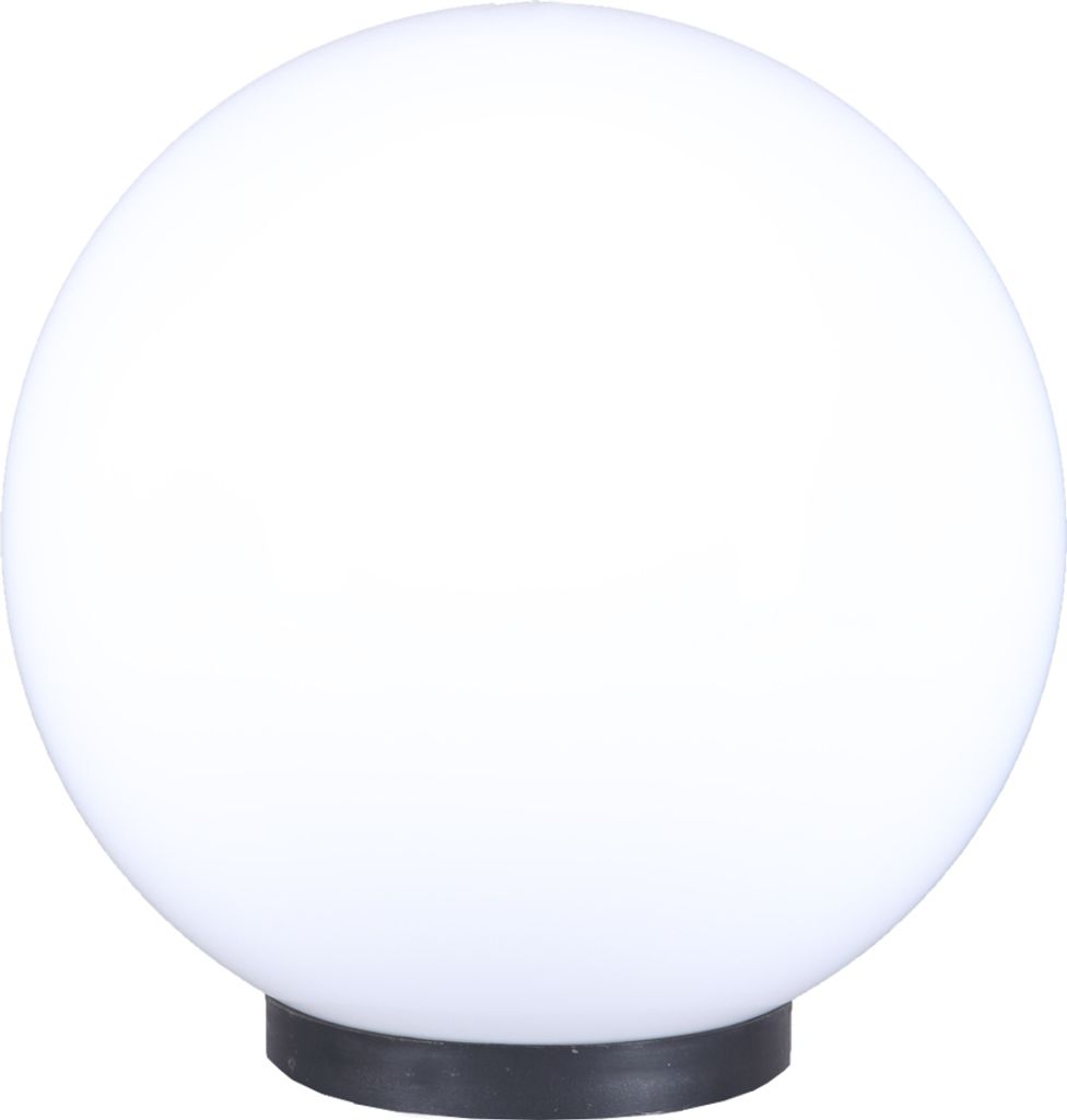 A white spherical lamp with a black base on a white background.