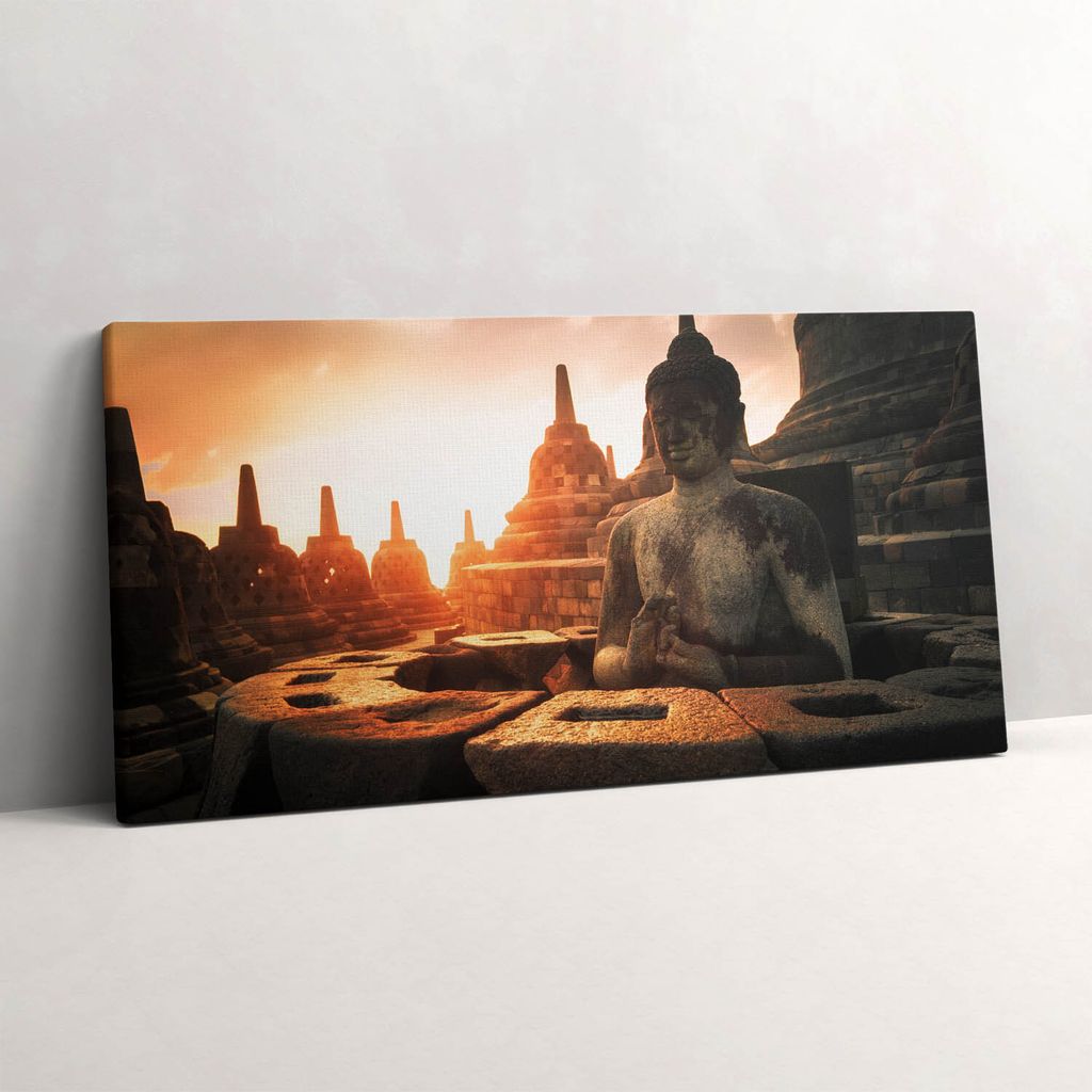 Blick auf eine meditierende Buddha-Statue – Leinwandbild Wandbild – 100x50 cm – Leinwandbilder – Wandbilder – Schlafzimmer – Flur