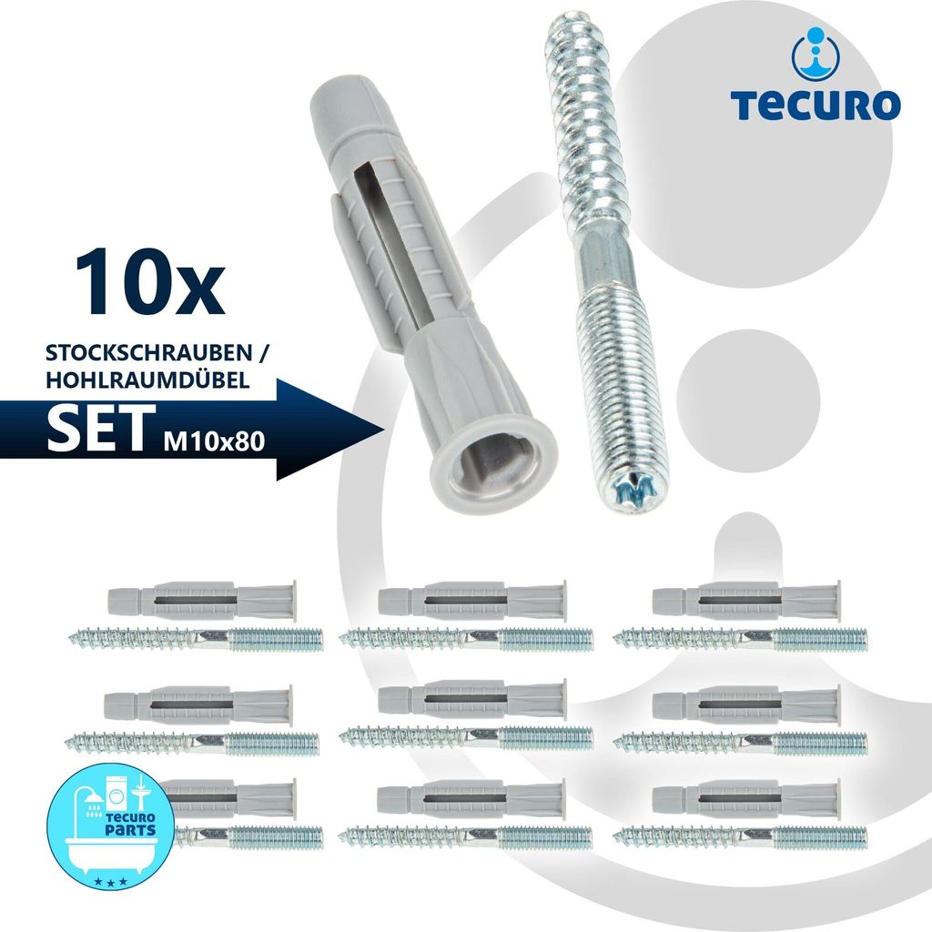 tecuro Stockschraube M 10 x 80mm, Stahl verzinkt mit Dübel 12,0 x 71mm - VPE 10 Stück