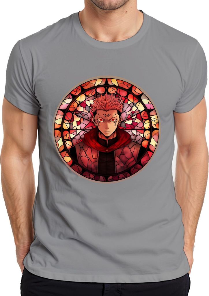 Anime Ästhetik Dämonenkrieger Rote Augen Buntglas Stil Manga düster Herren T-Shirt, Grau, L