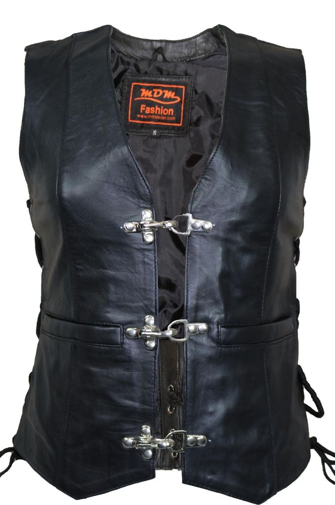 Damen Lederweste Slim Taillierter Schnitt Biker Weste Kutte Clubweste Rockerwest(L)